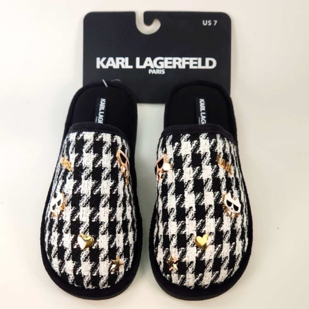 KARL LAGERFELD PARIS Slippers Size 7, Karl & Choupette Bling On Houndstooth